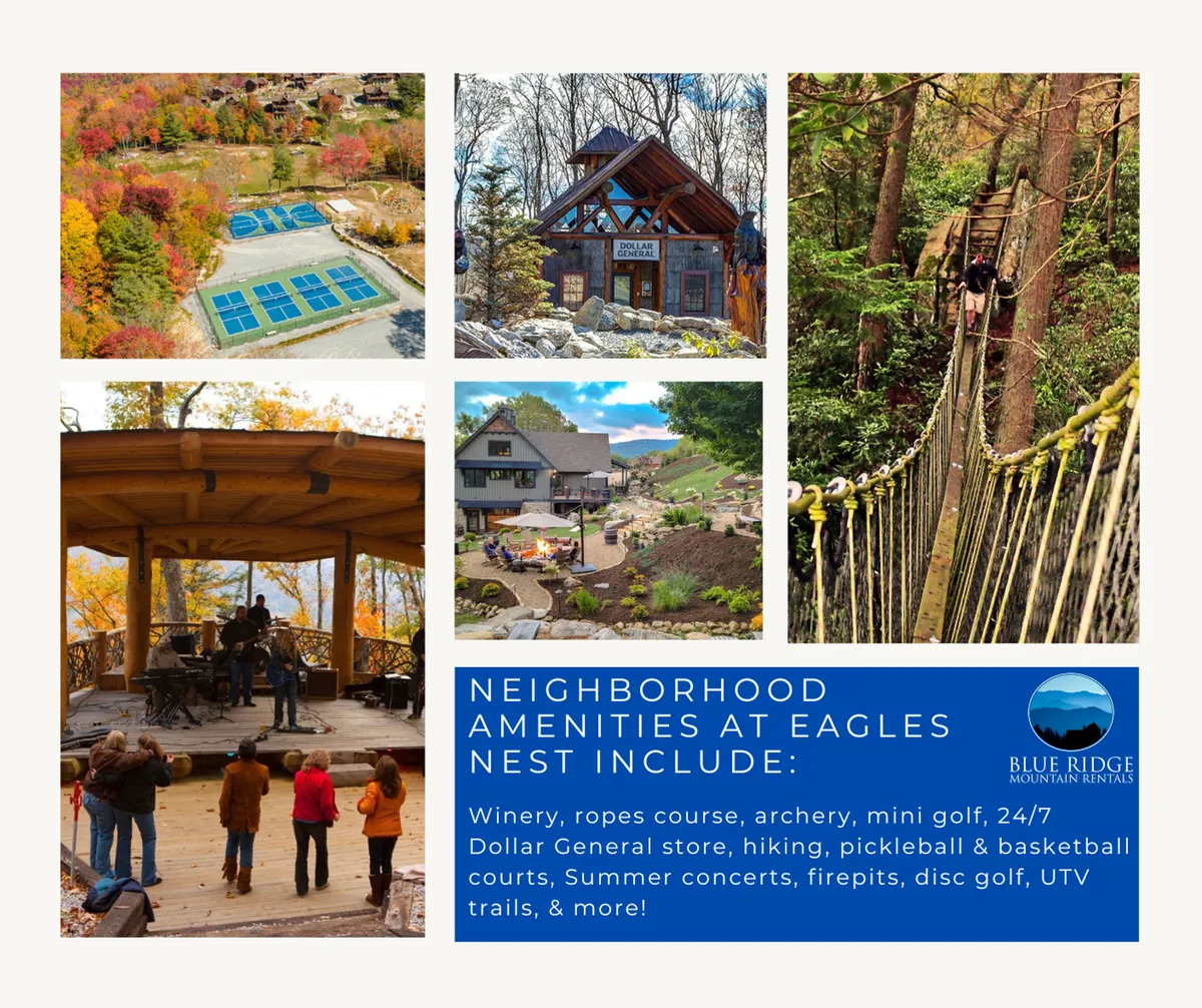 A vibrant community recreation area featuring tennis courts, a pavilion, a ropes course, and a gathering area where families and friends can enjoy summer concerts, mini golf, and hiking. The mood is joyful and active, with groups engaging in various outdoor activities.