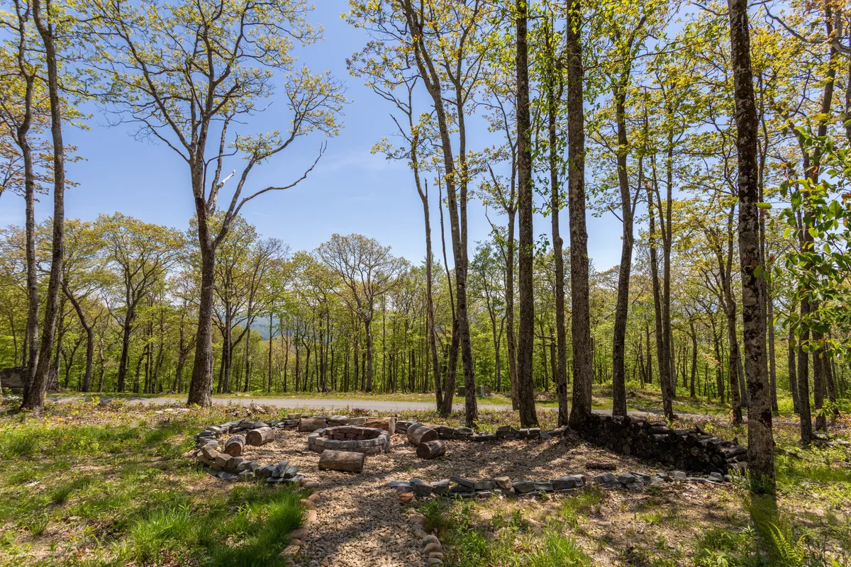 A serene fire pit area sits nestled among mature trees, with a clear pathway leading to it. The scene evokes evenings spent around the fire, nature walks, and moments of stargazing away from the bustle.